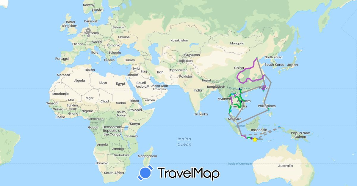 TravelMap itinerary: driving, bus, plane, train, boat in China, Germany, Indonesia, Cambodia, Laos, Malaysia, Philippines, Saudi Arabia, Singapore, Thailand, Taiwan, Vietnam (Asia, Europe)